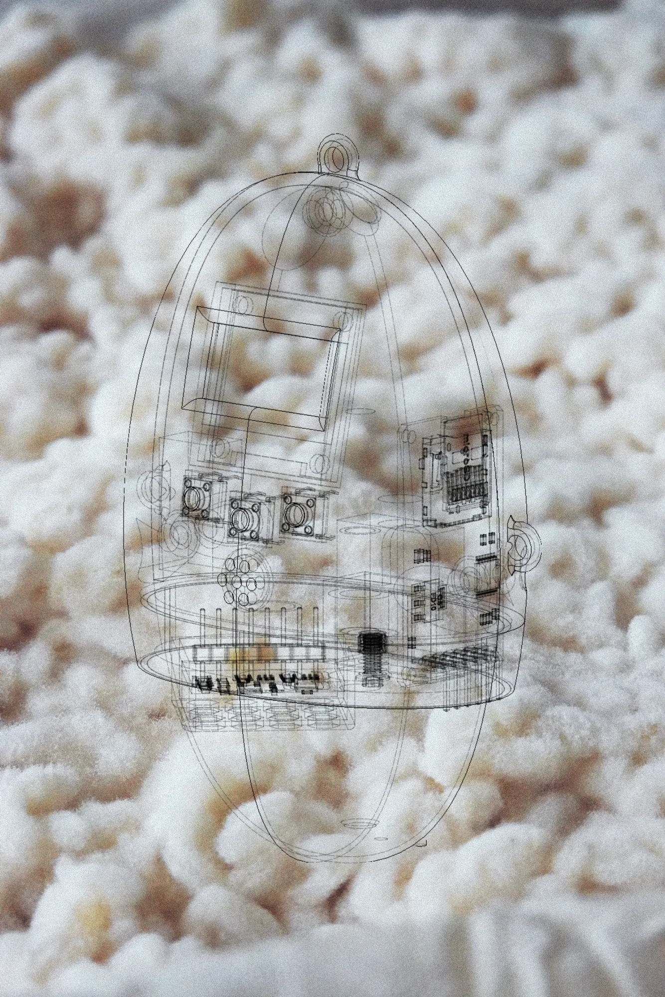 Pink poster for KojiGotchi showing two renders of the purple egg-shaped device with a pixel creature on its OLED screen, the line your companion into post-human ecologies, and logos for the Royal Danish Academy, DTU and the Sustainable Food Innovation Group