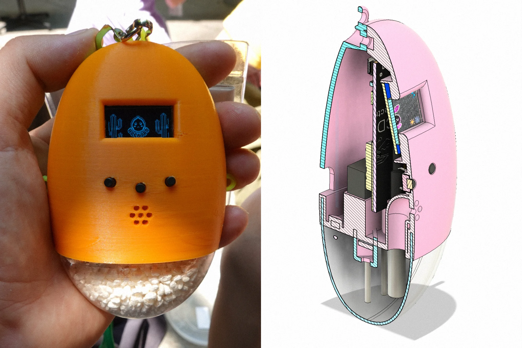 Left, a hand holding the orange 3D printed prototype, its screen showing a pixel creature between two cacti and its clear lower dome filled with rice grains. Right, a CAD section drawing showing the circuit board, screen and probes packed inside the shell