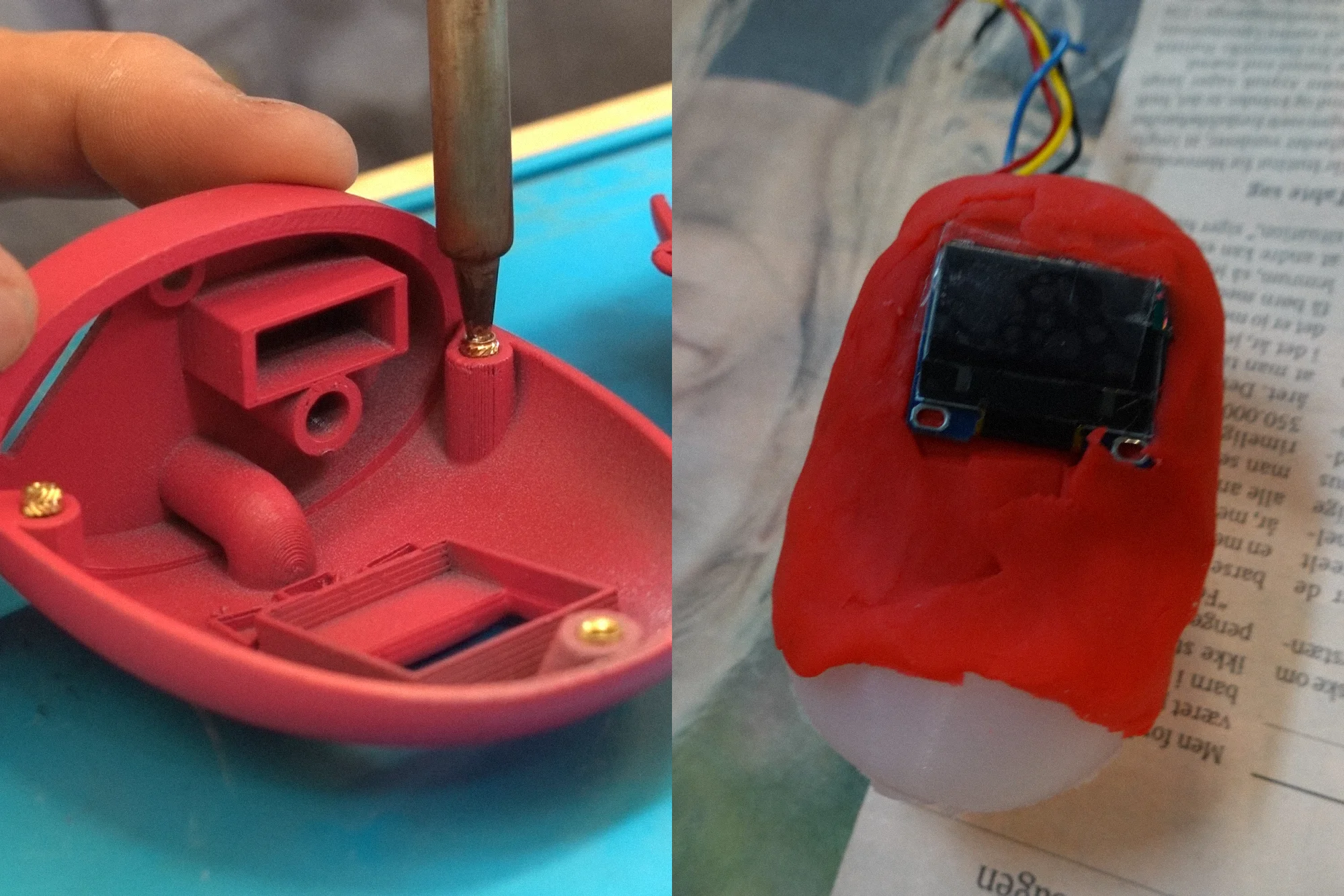 Left, a soldering iron setting a brass insert into a red 3D printed shell half. Right, an early mock-up built from red modelling clay with an OLED module pressed into it above a white dome
