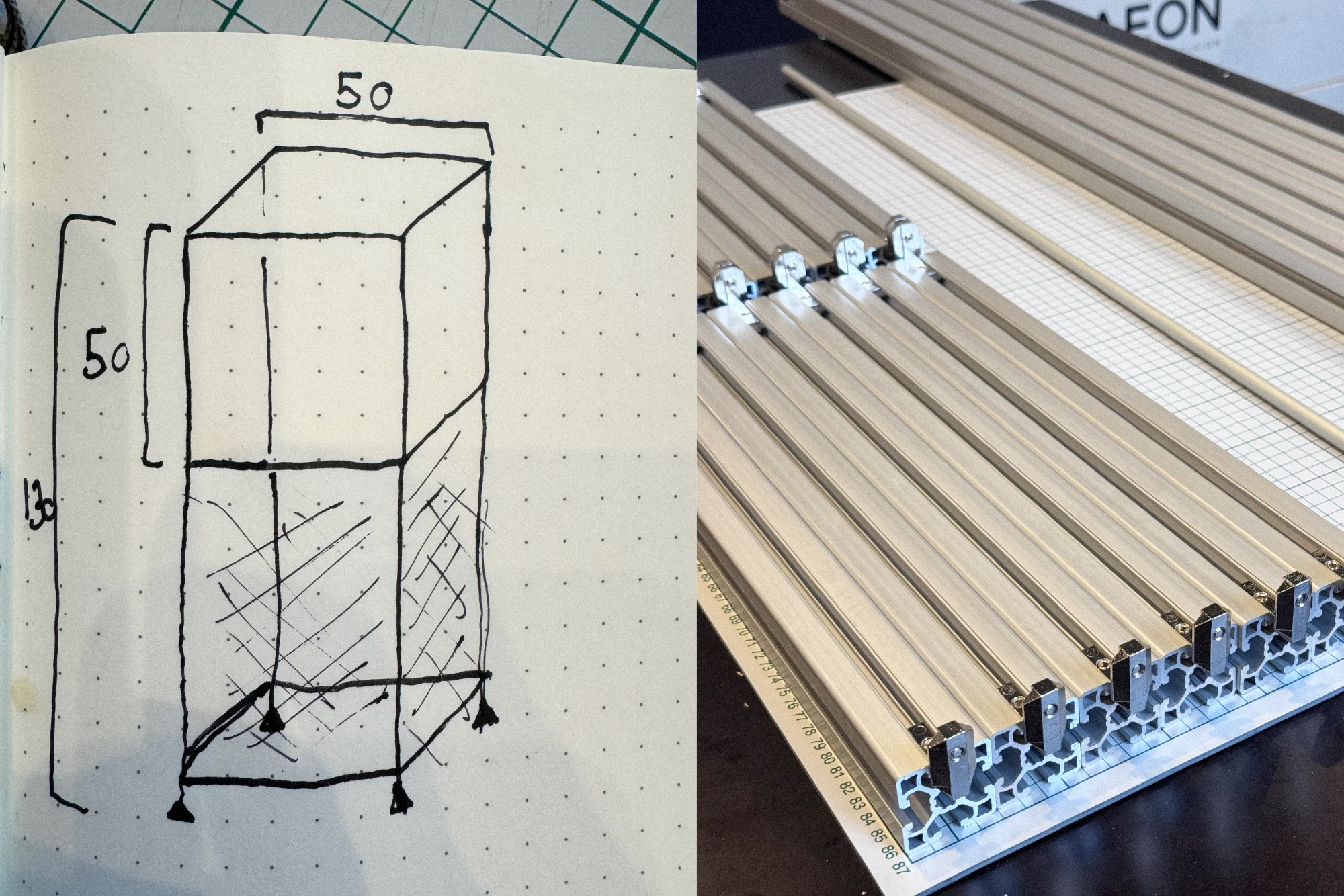 Left, a hand sketch of the plinth in a notebook marked 50 by 50 by 130 centimetres. Right, aluminium extrusion profiles laid out on a workbench with corner brackets and bolts ready for assembly