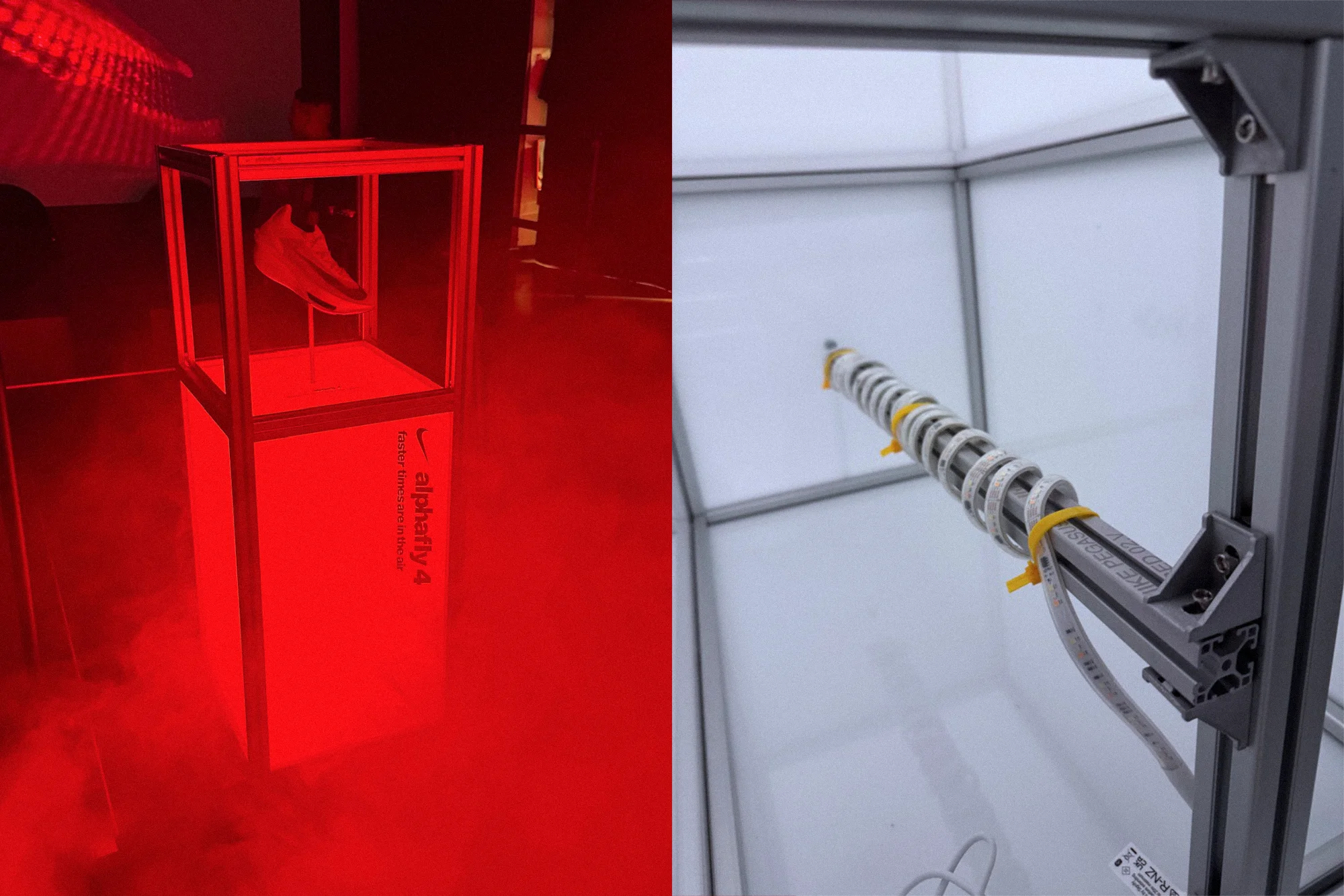 Left, the finished plinth standing in a room washed in red light with haze across the floor. Right, a close-up inside the plinth of an LED strip cable-tied to the aluminium frame behind the white diffuser panels